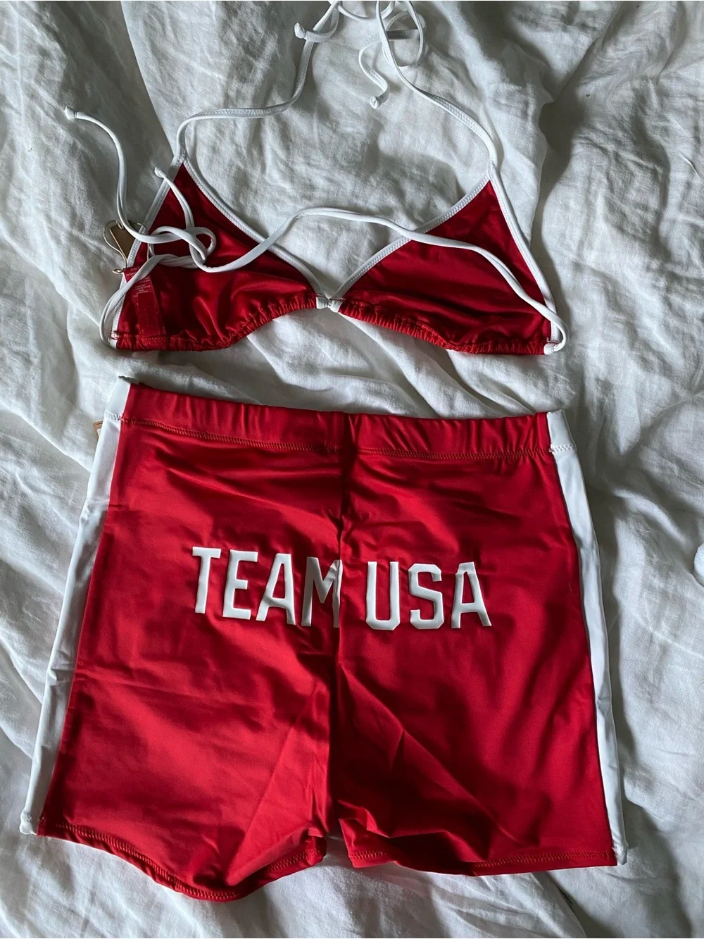 SKIMS Red and White Team USA Bikini Top & Swim Shorts